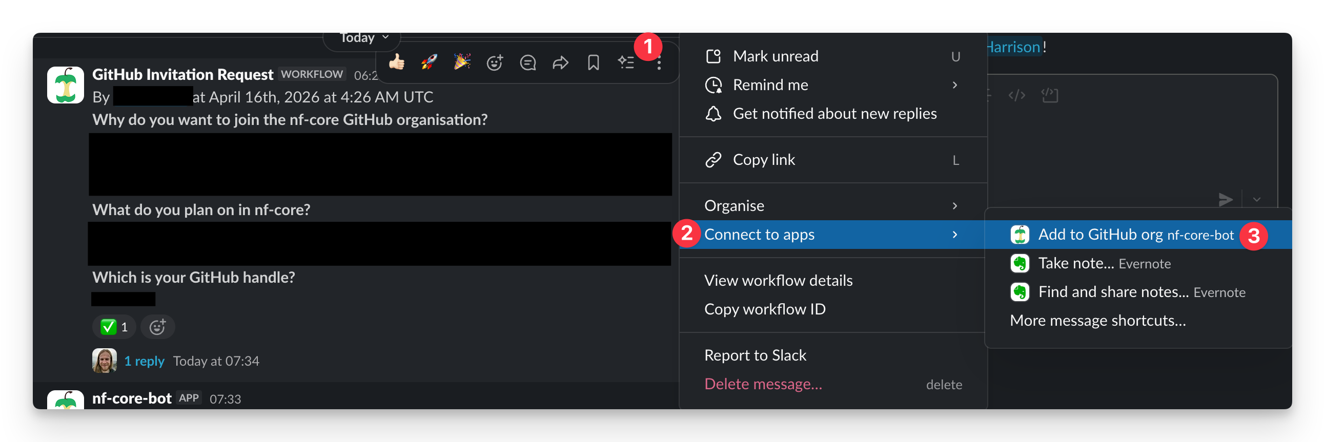 Screenshot showing the Slack workflow message context menu: (1) click the more actions button, (2) select Connect to apps, (3) select Add to GitHub org nf-core-bot